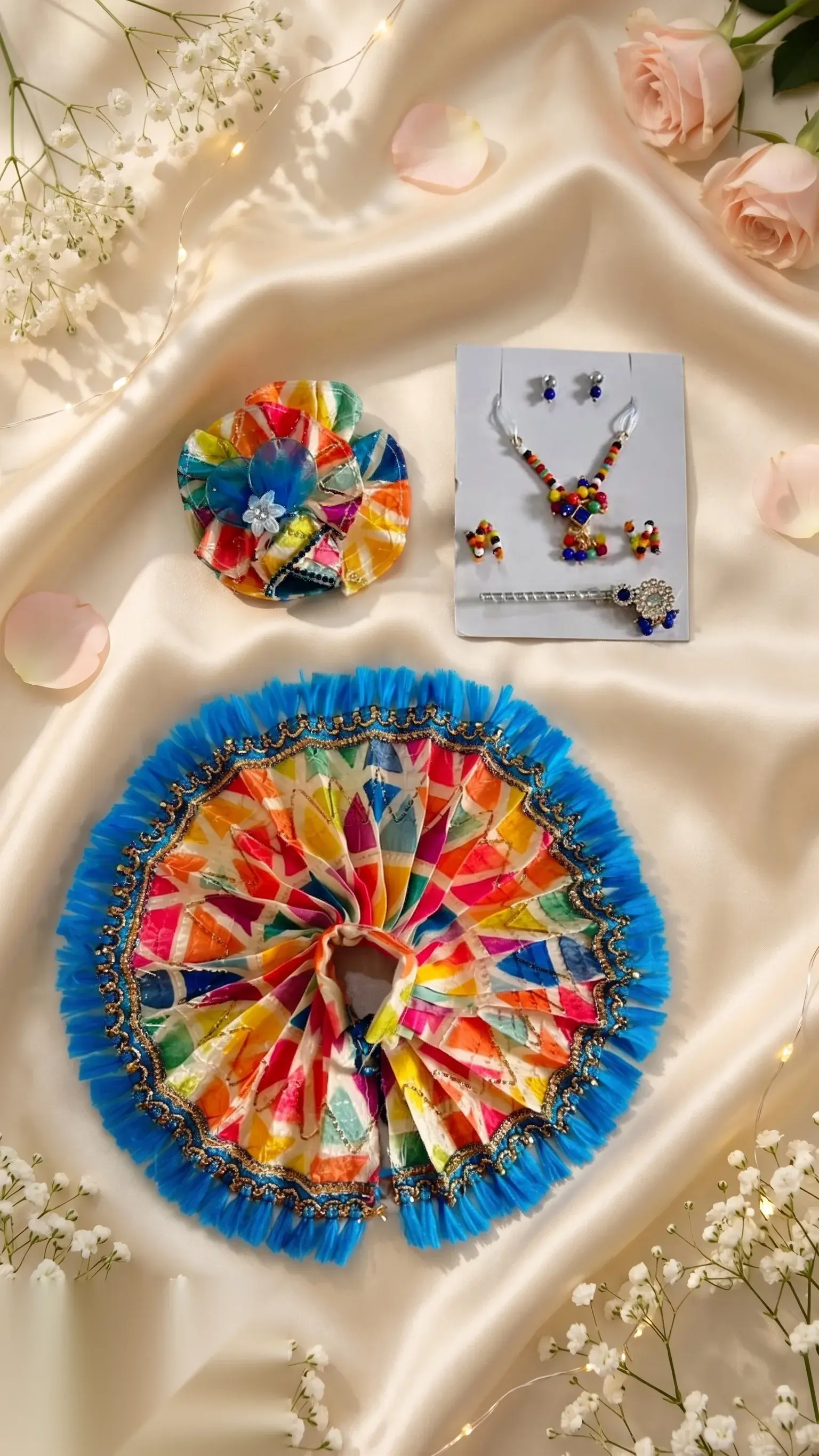 Rainbow beaded necklace set with blue kundan pendant, earrings, bangles, and blue-stone mukut pin on card.