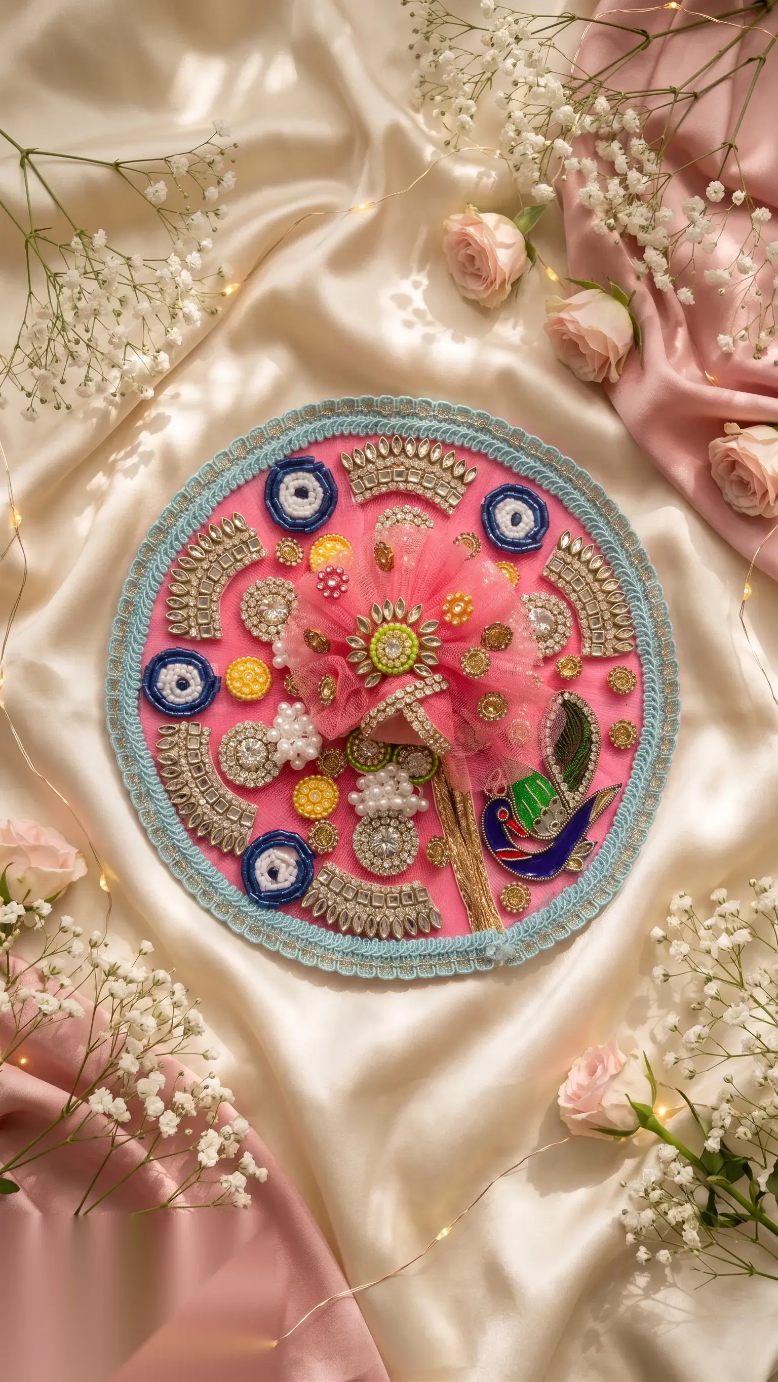 Pink beaded mukut with blue braided trim, kundan medallions, and a hand-painted peacock motif.