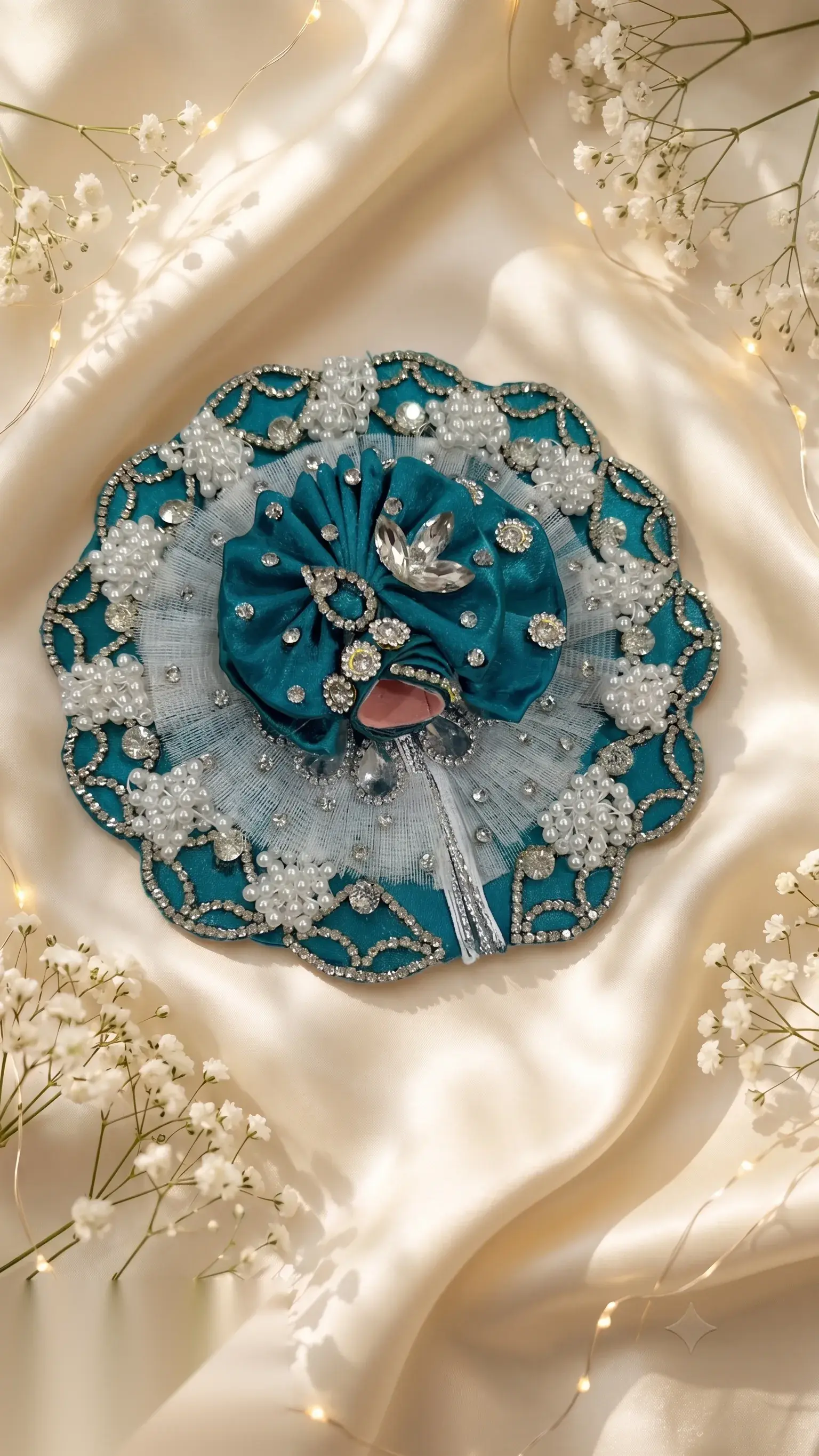 Sky-blue mukut bordered with sapphire-tone crystal petals, pearl clusters, and fabric roses at the centre.
