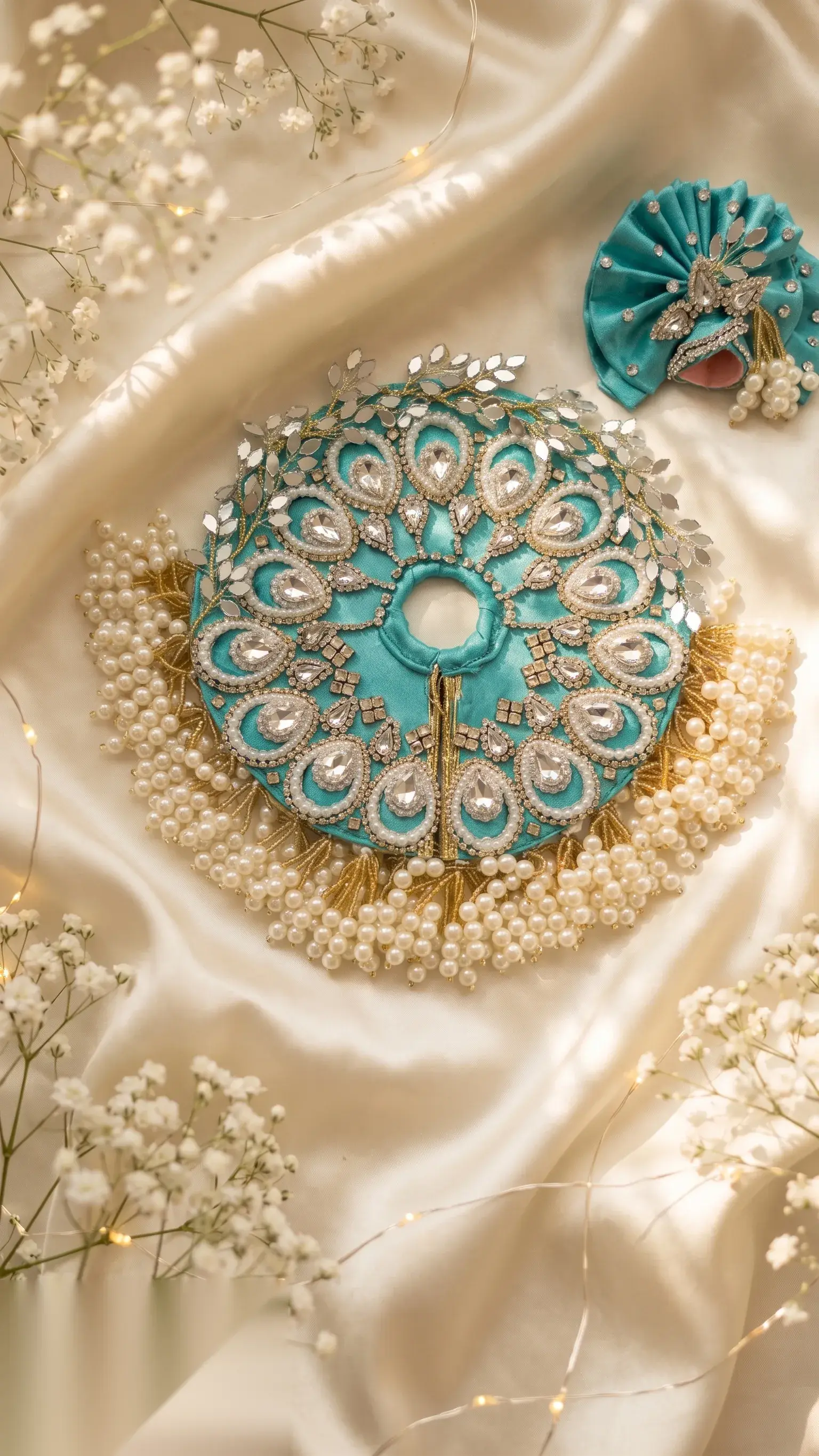 Teal mukut embroidered with crystal and mirror peacock motif, edged with a pearl and gold-leaf fringe.
